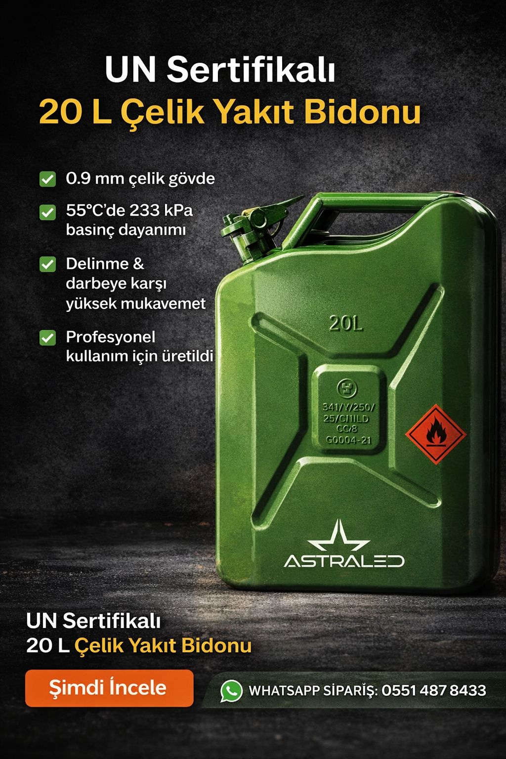 Yüksek dayanımlı 20 L Çelik Yakıt Bidonu